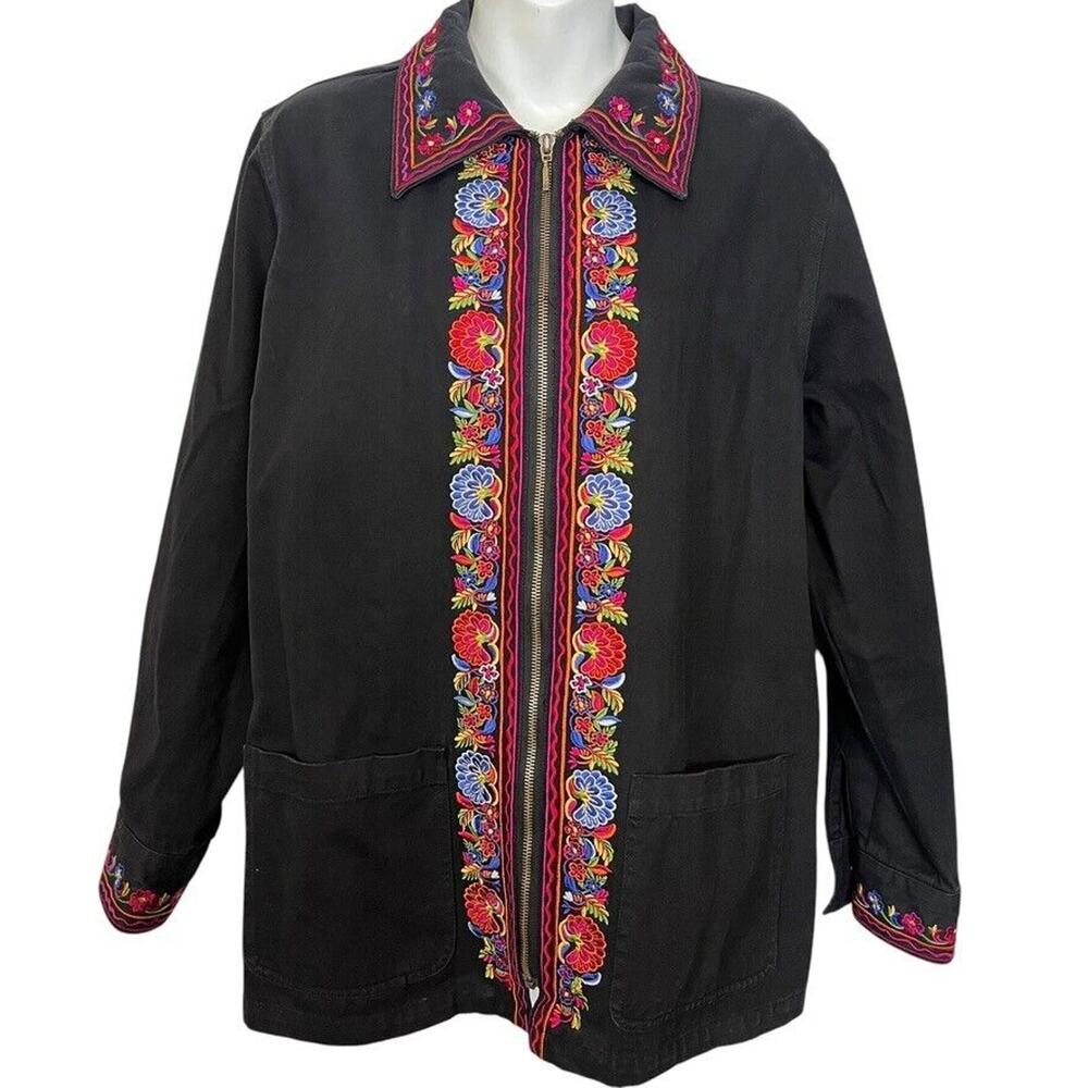 Blaine Trump Womens Colorful Embroidered Full Zip Black Jacket 100% Cotton sz S